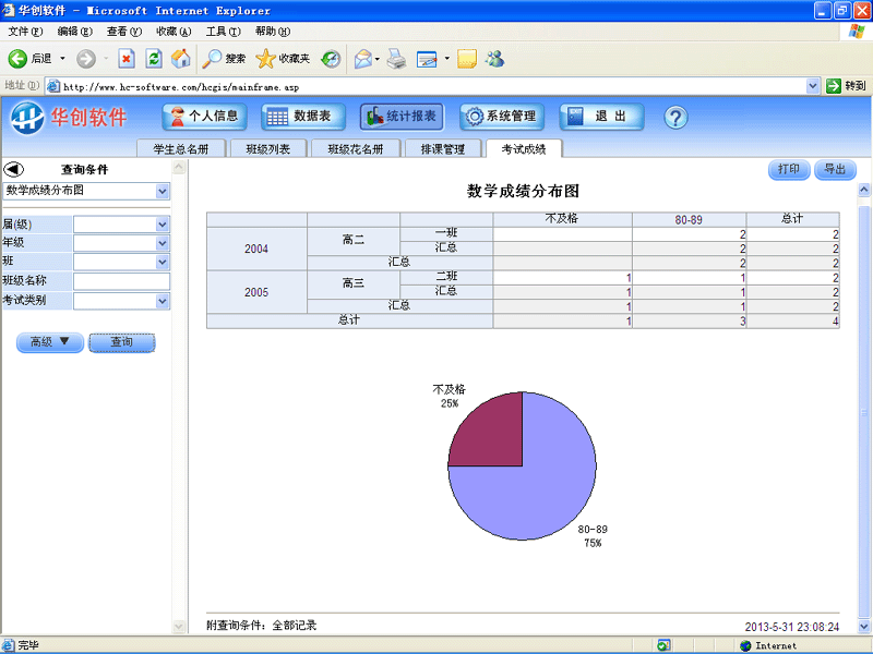 华创软件-学生档案与成绩管理系统-统计报表实例：数学成绩分布图